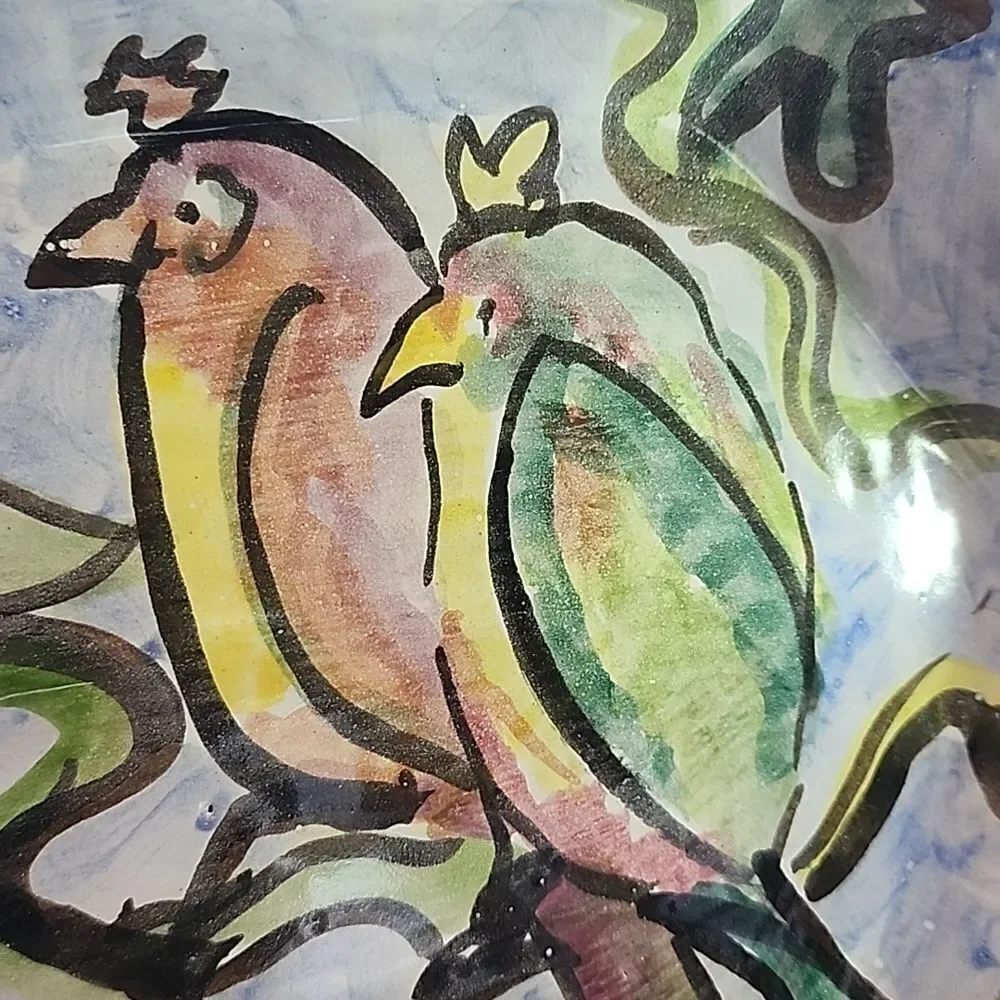 Handpainted Art Pottery Dish with Leaf Handles and Tropical Birds